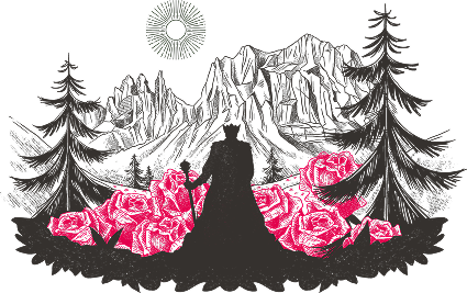 Illustrazione a tratto della sagoma di Re Laurino tra le rose e le Dolomiti