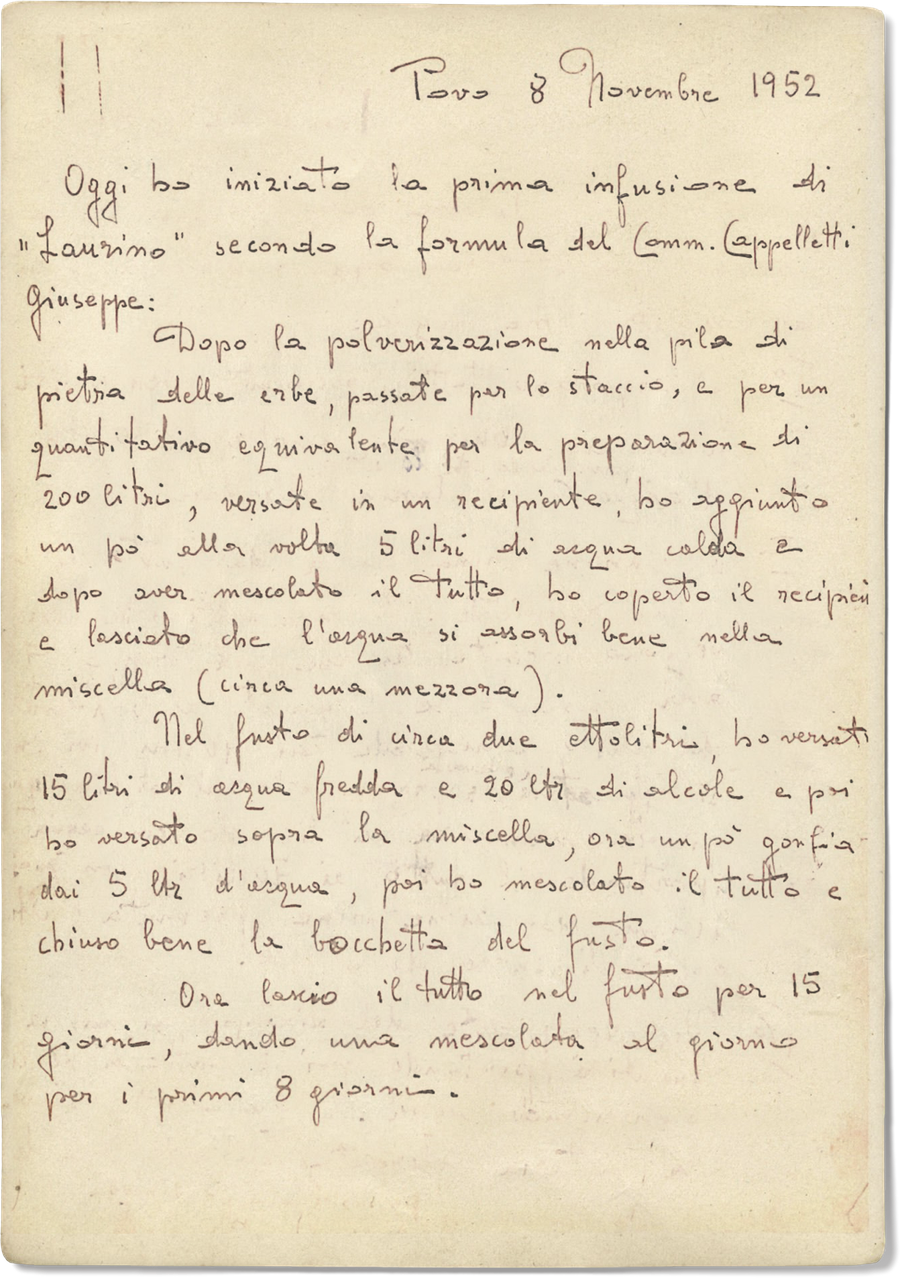 Manoscritto della ricetta originale del 1952